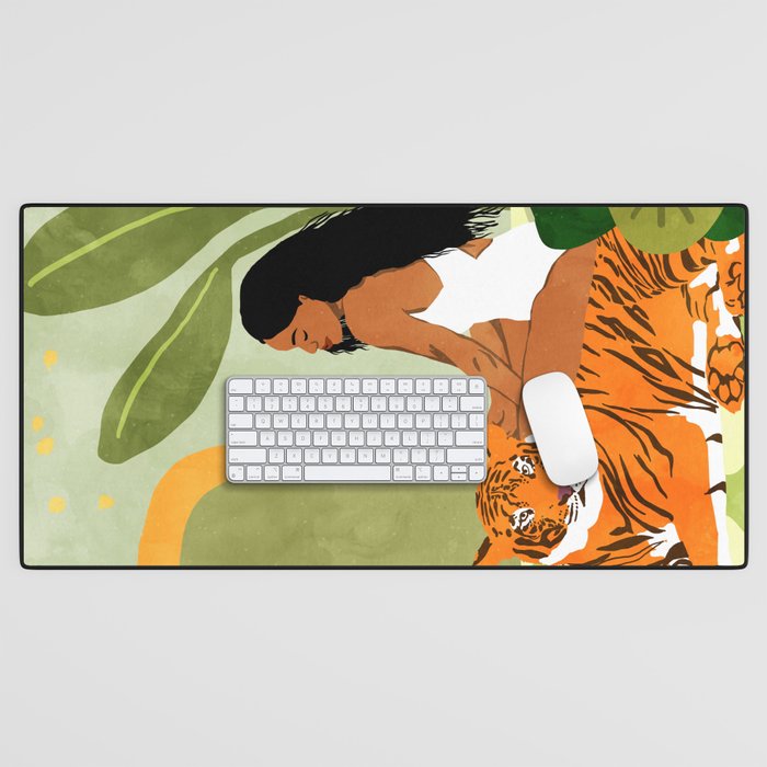 Just You & Me | Tiger Urban Jungle Friendship | Wild Cat Bohemian Black Woman with Pet  Desk Mat Gallery Image 1