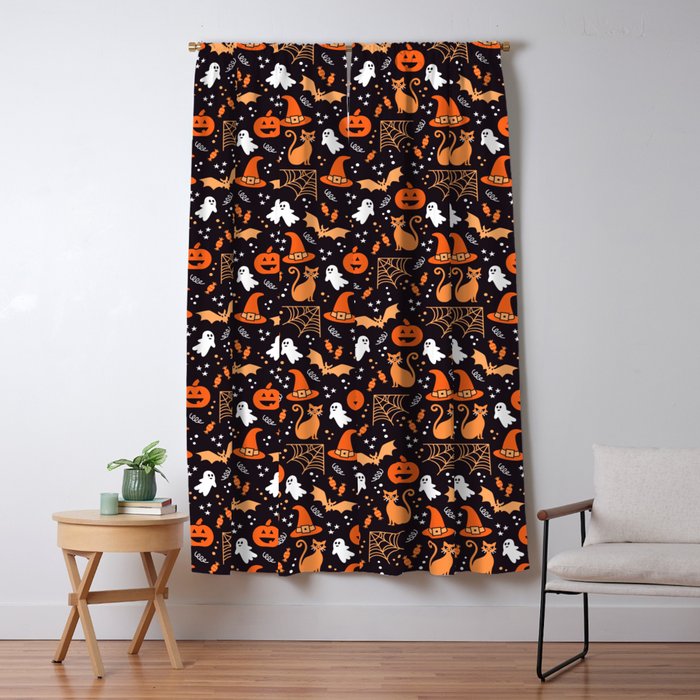 Halloween party illustrations orange, black Window Curtain