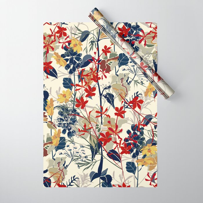 Wildflowers, Floral Prints, Red, Navy, Yellow Wrapping Paper Gallery Image 1