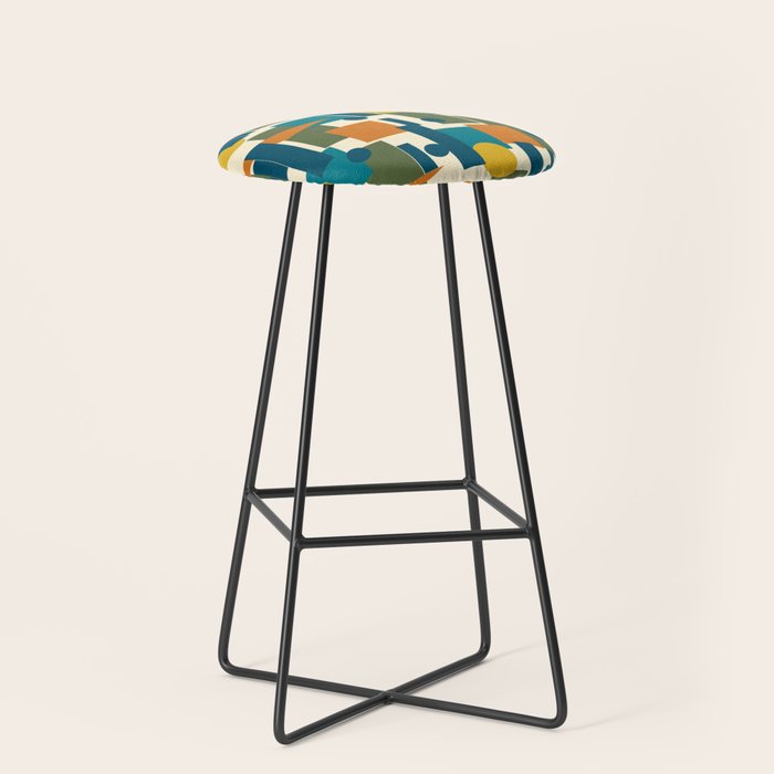 Mid-Century Modern Geometrica Pattern in Moroccan Teal Blue Olive Green Mustard Yellow Orange and Cream Stool Gallery Image 1