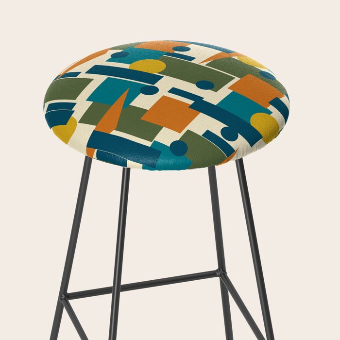 Mid-Century Modern Geometrica Pattern in Moroccan Teal Blue Olive Green Mustard Yellow Orange and Cream Stool Gallery Image 2