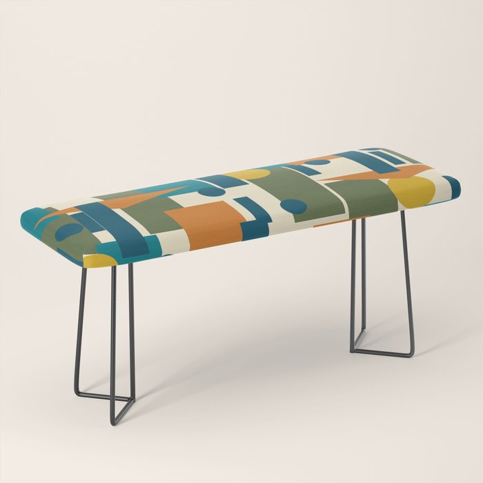 Mid-Century Modern Geometrica Pattern in Moroccan Teal Blue Olive Green Mustard Yellow Orange and Cream Bench Gallery Image 1