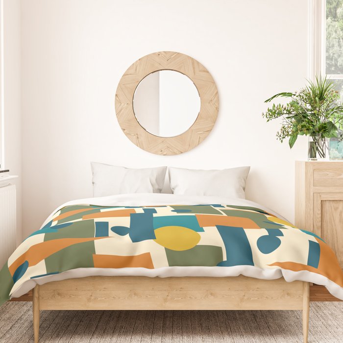 Mid-Century Modern Geometrica Pattern in Moroccan Teal Blue Olive Green Mustard Yellow Orange and Cream Duvet Cover Gallery Image 3