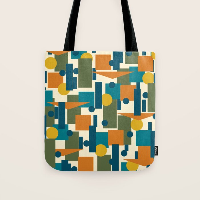 Mid-Century Modern Geometrica Pattern in Moroccan Teal Blue Olive Green Mustard Yellow Orange and Cream Tote Bag Gallery Image 1