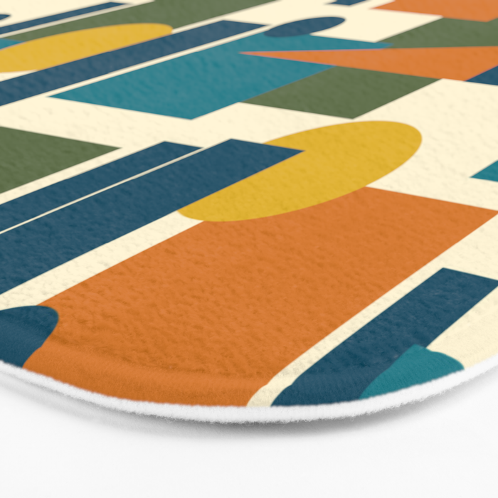 Mid-Century Modern Geometrica Pattern in Moroccan Teal Blue Olive Green Mustard Yellow Orange and Cream Bath Mat Gallery Image 3