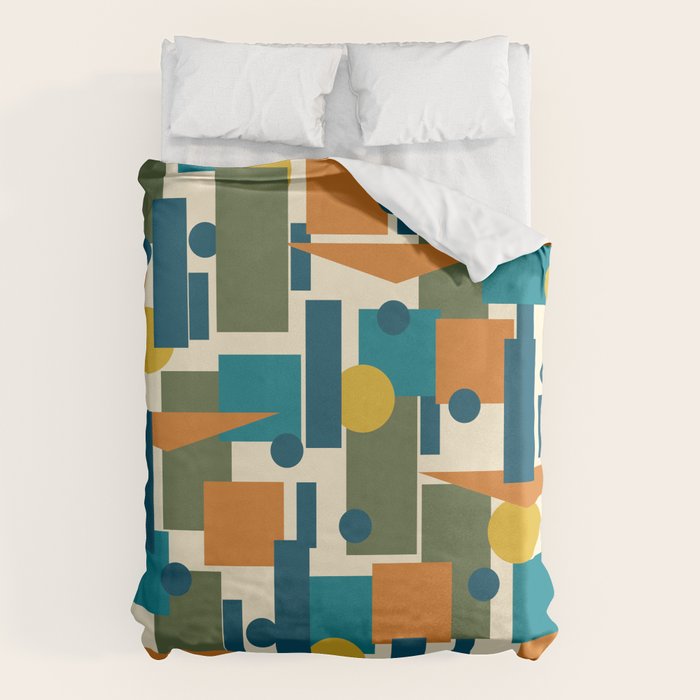 Mid-Century Modern Geometrica Pattern in Moroccan Teal Blue Olive Green Mustard Yellow Orange and Cream Duvet Cover Gallery Image 6