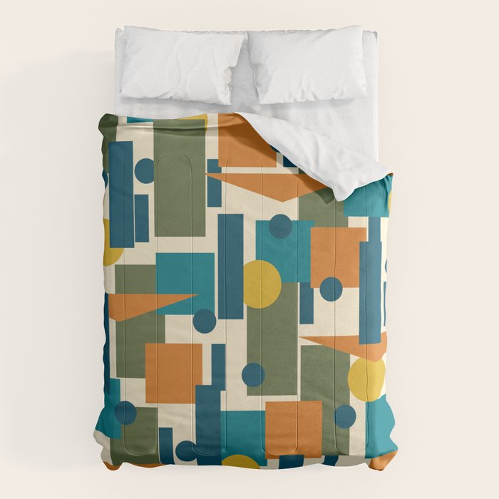Mid-Century Modern Geometrica Pattern in Moroccan Teal Blue Olive Green Mustard Yellow Orange and Cream Comforter Gallery Image 6