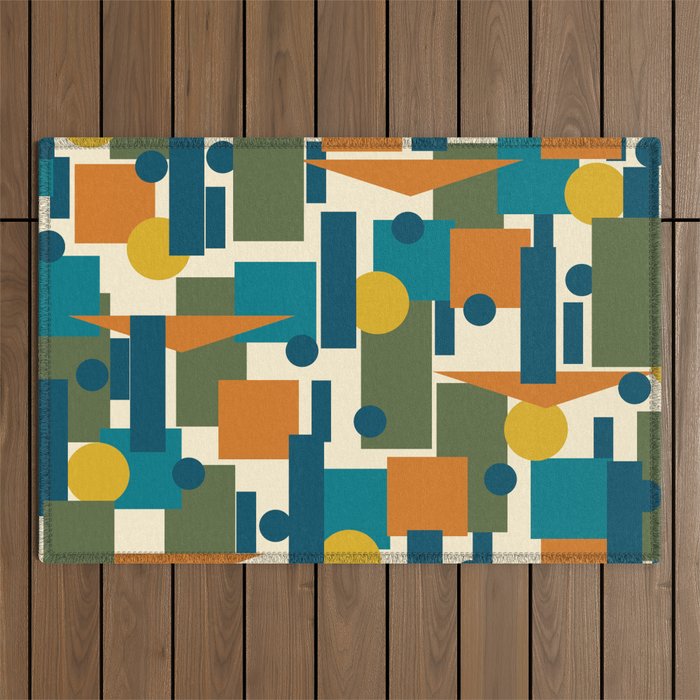 Mid-Century Modern Geometrica Pattern in Moroccan Teal Blue Olive Green Mustard Yellow Orange and Cream Outdoor Rug Gallery Image 1