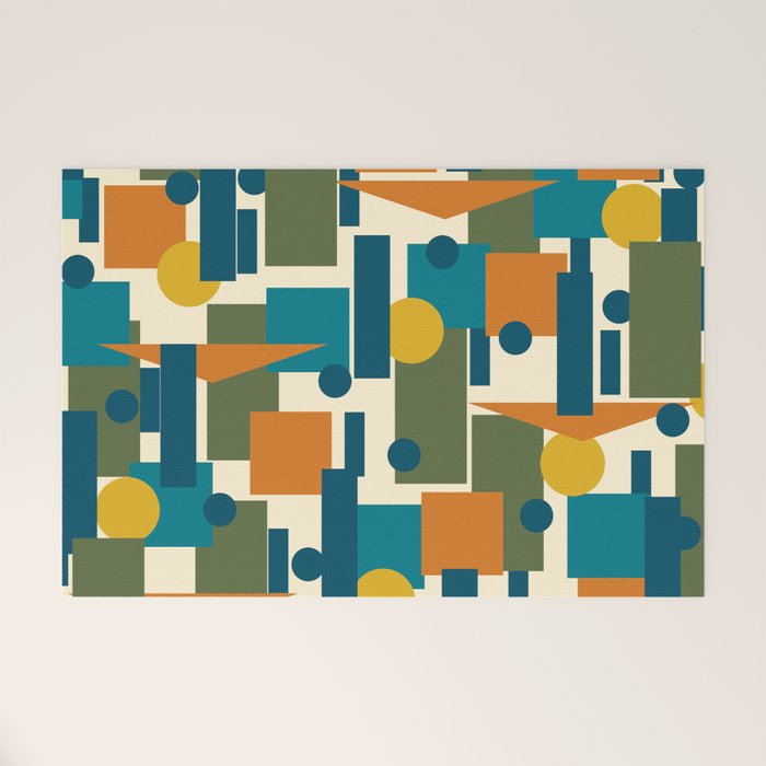 Mid-Century Modern Geometrica Pattern in Moroccan Teal Blue Olive Green Mustard Yellow Orange and Cream Welcome Mat Gallery Image 1