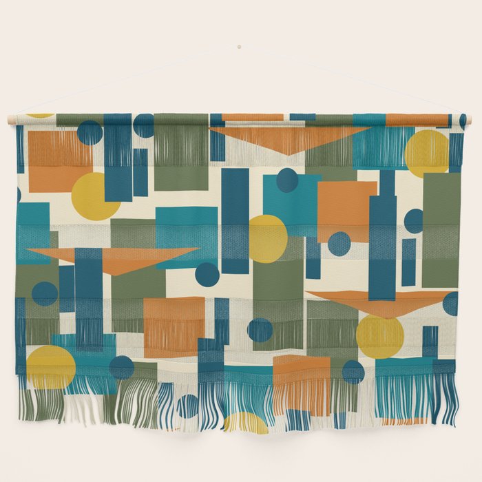Mid-Century Modern Geometrica Pattern in Moroccan Teal Blue Olive Green Mustard Yellow Orange and Cream Wall Hanging Gallery Image 1