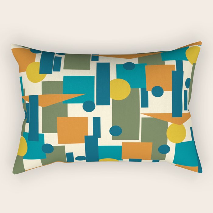 Mid-Century Modern Geometrica Pattern in Moroccan Teal Blue Olive Green Mustard Yellow Orange and Cream Rectangular Pillow Gallery Image 2