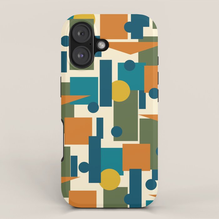 Mid-Century Modern Geometrica Pattern in Moroccan Teal Blue Olive Green Mustard Yellow Orange and Cream iPhone Case Gallery Image 1