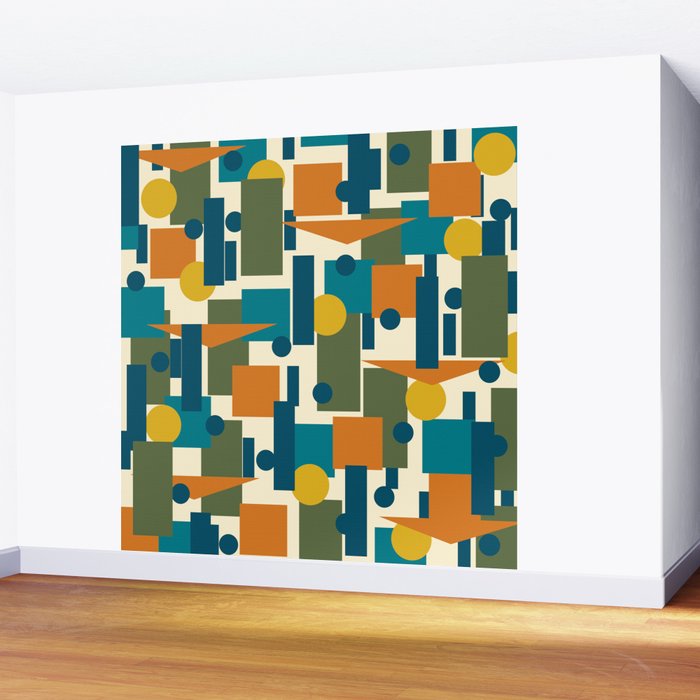 Mid-Century Modern Geometrica Pattern in Moroccan Teal Blue Olive Green Mustard Yellow Orange and Cream Wall Mural Gallery Image 2