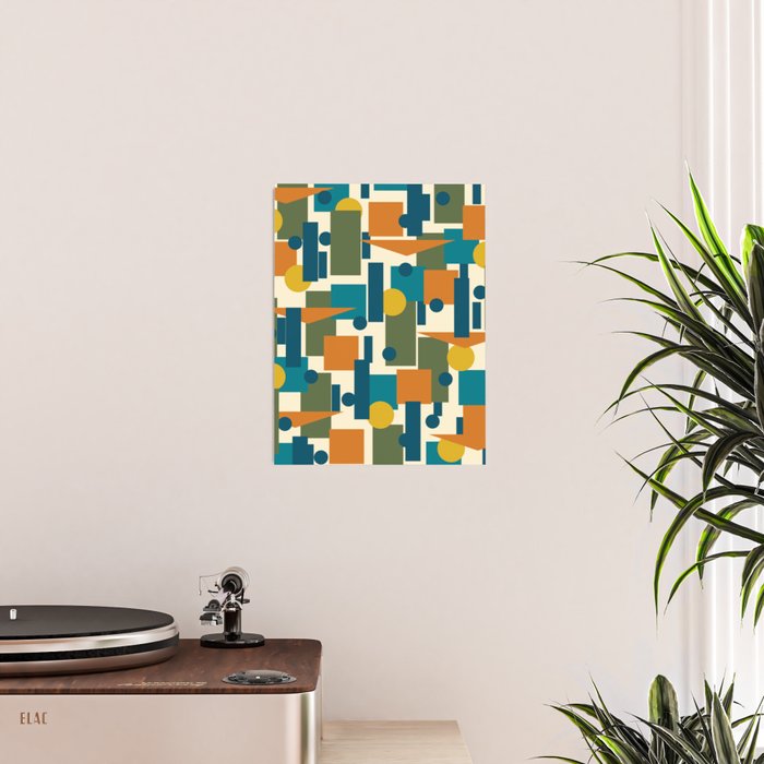 Mid-Century Modern Geometrica Pattern in Moroccan Teal Blue Olive Green Mustard Yellow Orange and Cream Poster Gallery Image 2