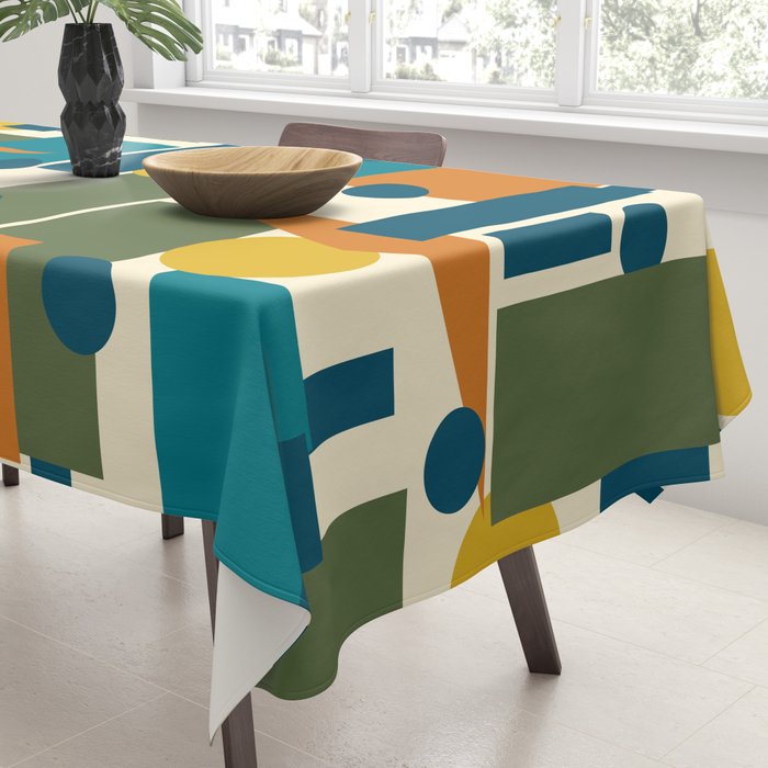Mid-Century Modern Geometrica Pattern in Moroccan Teal Blue Olive Green Mustard Yellow Orange and Cream Tablecloth Gallery Image 3