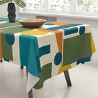 Mid-Century Modern Geometrica Pattern in Moroccan Teal Blue Olive Green Mustard Yellow Orange and Cream Tablecloth Gallery Image 3
