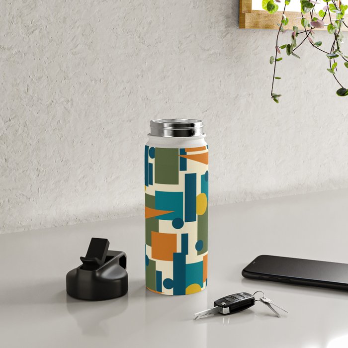 Mid-Century Modern Geometrica Pattern in Moroccan Teal Blue Olive Green Mustard Yellow Orange and Cream Water Bottle Gallery Image 4