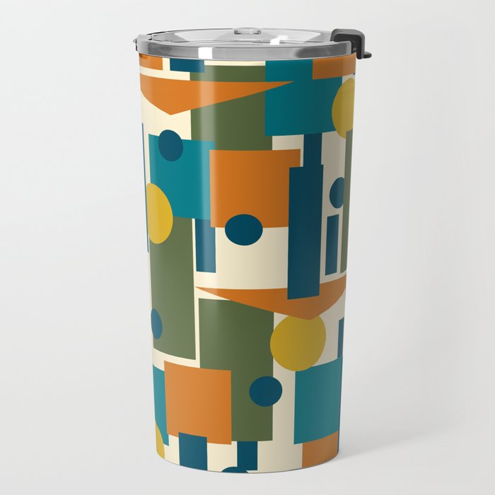 Mid-Century Modern Geometrica Pattern in Moroccan Teal Blue Olive Green Mustard Yellow Orange and Cream Travel Mug Gallery Image 2