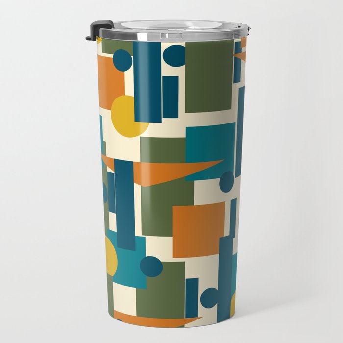 Mid-Century Modern Geometrica Pattern in Moroccan Teal Blue Olive Green Mustard Yellow Orange and Cream Travel Mug Gallery Image 3