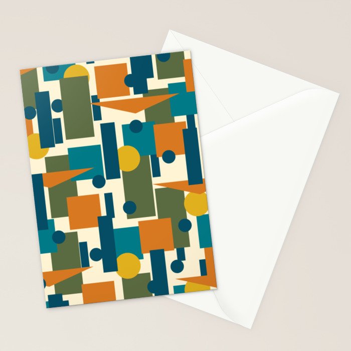 Mid-Century Modern Geometrica Pattern in Moroccan Teal Blue Olive Green Mustard Yellow Orange and Cream Stationery Card Gallery Image 2