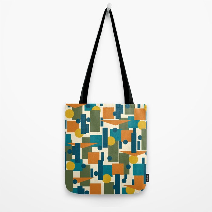 Mid-Century Modern Geometrica Pattern in Moroccan Teal Blue Olive Green Mustard Yellow Orange and Cream Tote Bag Gallery Image 2