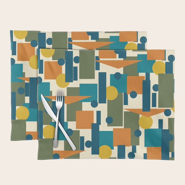 Mid-Century Modern Geometrica Pattern in Moroccan Teal Blue Olive Green Mustard Yellow Orange and Cream Placemat Gallery Image 1
