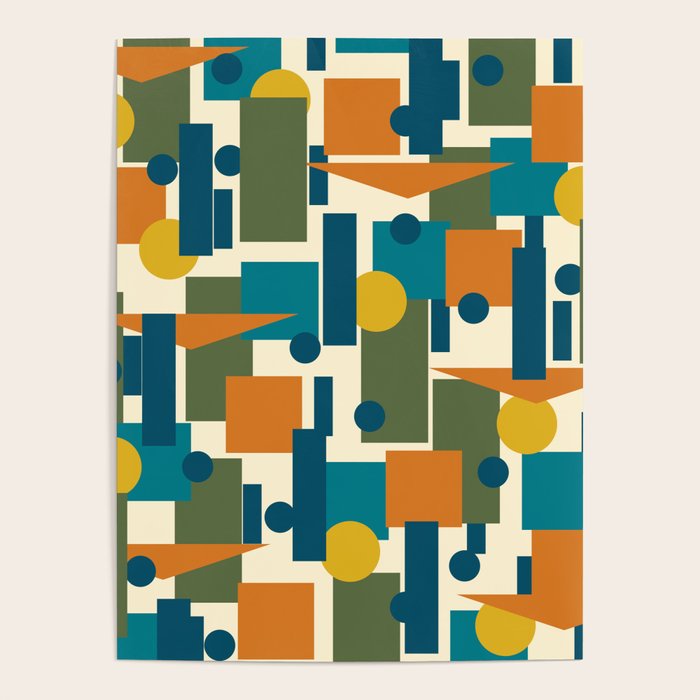 Mid-Century Modern Geometrica Pattern in Moroccan Teal Blue Olive Green Mustard Yellow Orange and Cream Poster Gallery Image 4