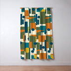 Mid-Century Modern Geometrica Pattern in Moroccan Teal Blue Olive Green Mustard Yellow Orange and Cream Window Curtain Gallery Image 3