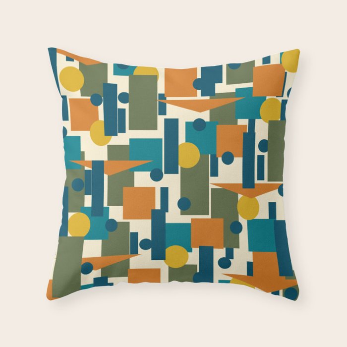 Mid-Century Modern Geometrica Pattern in Moroccan Teal Blue Olive Green Mustard Yellow Orange and Cream Throw Pillow Gallery Image 6