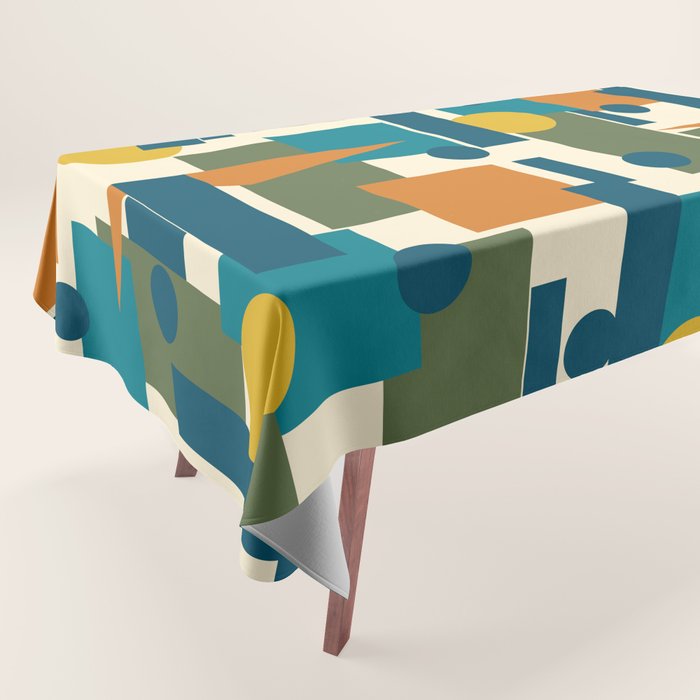 Mid-Century Modern Geometrica Pattern in Moroccan Teal Blue Olive Green Mustard Yellow Orange and Cream Tablecloth Gallery Image 1