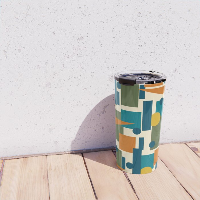 Mid-Century Modern Geometrica Pattern in Moroccan Teal Blue Olive Green Mustard Yellow Orange and Cream Travel Mug Gallery Image 4