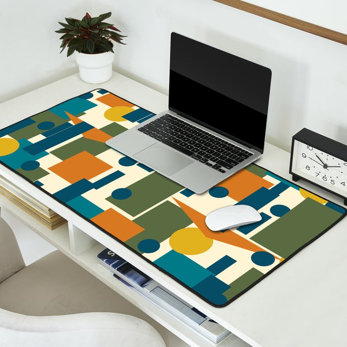 Mid-Century Modern Geometrica Pattern in Moroccan Teal Blue Olive Green Mustard Yellow Orange and Cream Desk Mat Gallery Image 2