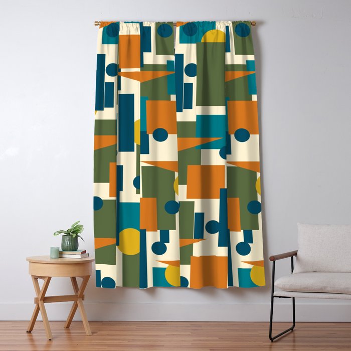 Mid-Century Modern Geometrica Pattern in Moroccan Teal Blue Olive Green Mustard Yellow Orange and Cream Window Curtain Gallery Image 1