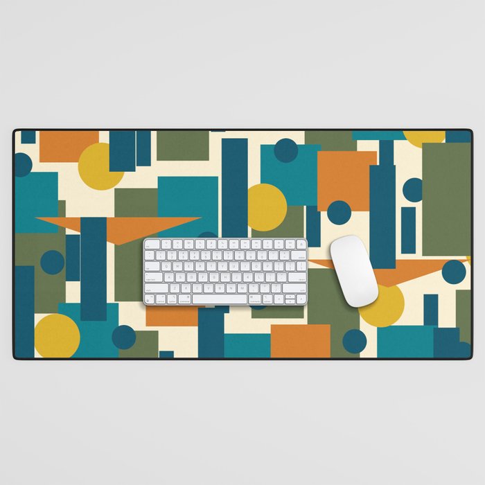 Mid-Century Modern Geometrica Pattern in Moroccan Teal Blue Olive Green Mustard Yellow Orange and Cream Desk Mat Gallery Image 1