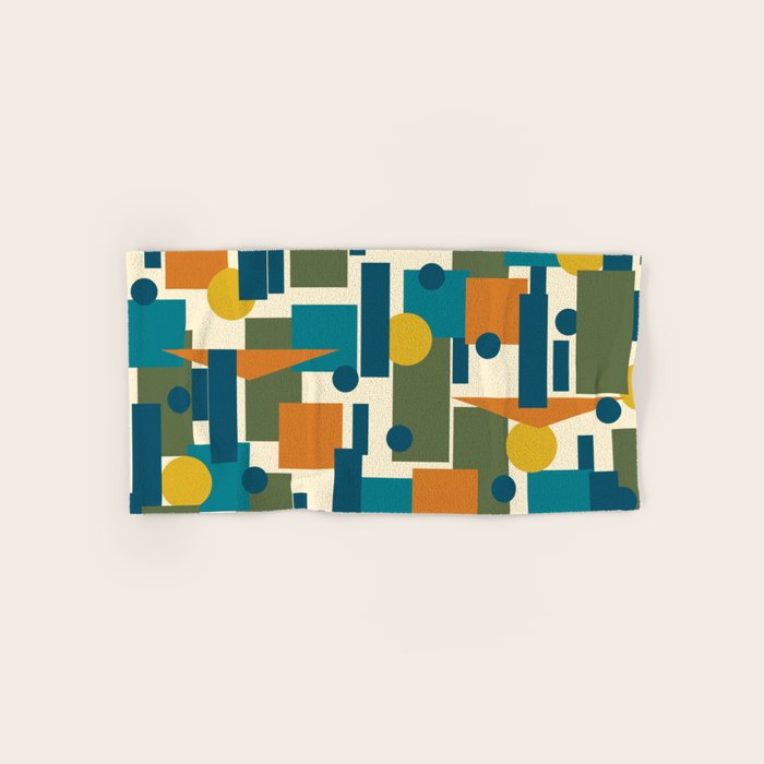 Mid-Century Modern Geometrica Pattern in Moroccan Teal Blue Olive Green Mustard Yellow Orange and Cream Bath Towel Gallery Image 1