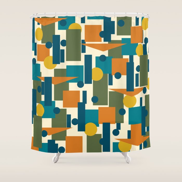Mid-Century Modern Geometrica Pattern in Moroccan Teal Blue Olive Green Mustard Yellow Orange and Cream Shower Curtain Gallery Image 1