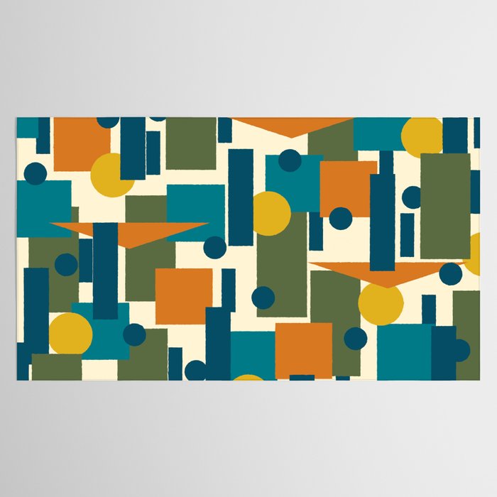Mid-Century Modern Geometrica Pattern in Moroccan Teal Blue Olive Green Mustard Yellow Orange and Cream Tablecloth Gallery Image 2