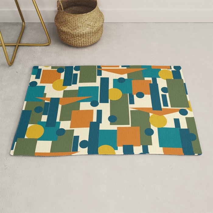 Mid-Century Modern Geometrica Pattern in Moroccan Teal Blue Olive Green Mustard Yellow Orange and Cream Rug Gallery Image 1