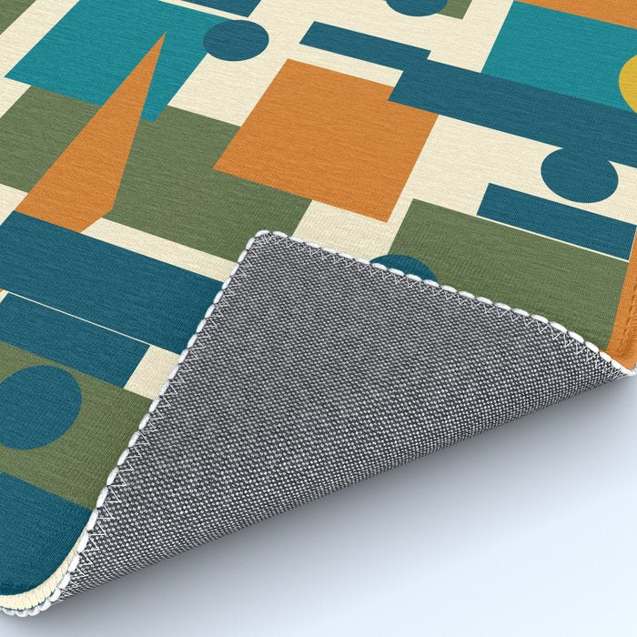 Mid-Century Modern Geometrica Pattern in Moroccan Teal Blue Olive Green Mustard Yellow Orange and Cream Rug Gallery Image 4