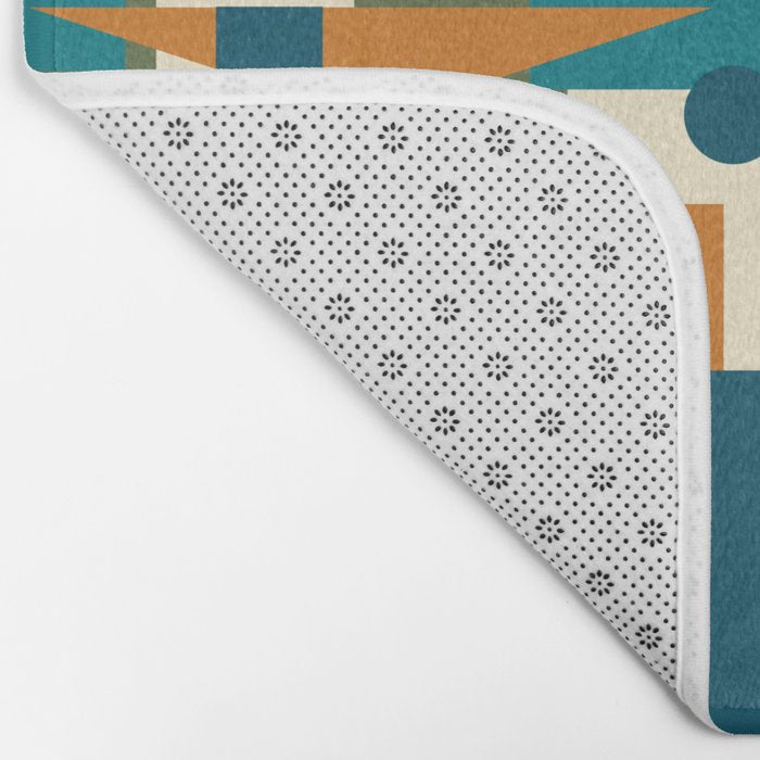 Mid-Century Modern Geometrica Pattern in Moroccan Teal Blue Olive Green Mustard Yellow Orange and Cream Bath Mat Gallery Image 2