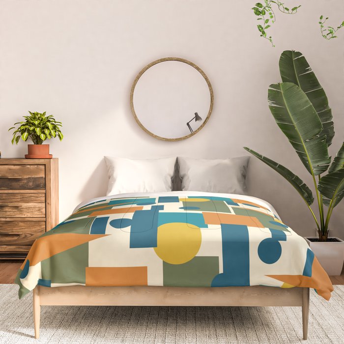 Mid-Century Modern Geometrica Pattern in Moroccan Teal Blue Olive Green Mustard Yellow Orange and Cream Comforter Gallery Image 3