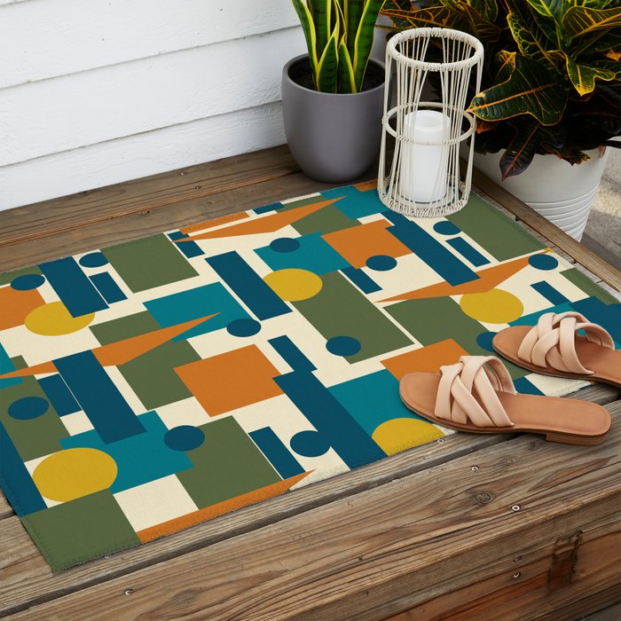 Mid-Century Modern Geometrica Pattern in Moroccan Teal Blue Olive Green Mustard Yellow Orange and Cream Outdoor Rug Gallery Image 2