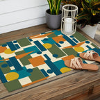 Mid-Century Modern Geometrica Pattern in Moroccan Teal Blue Olive Green Mustard Yellow Orange and Cream Outdoor Rug Gallery Image 2