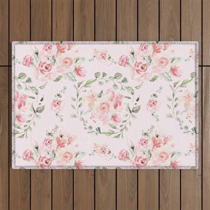 Rose Blush Watercolor Flower Pattern Outdoor Rug Gallery Image 1