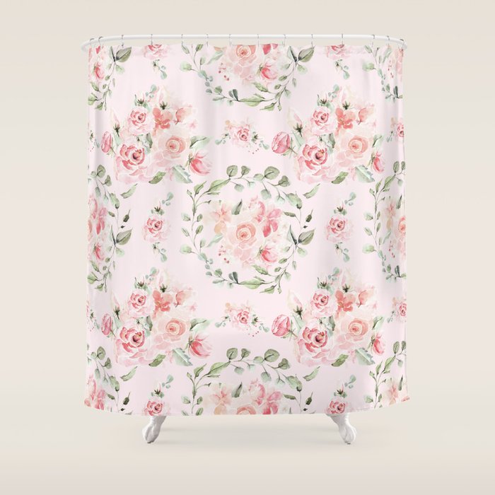 Rose Blush Watercolor Flower Pattern Shower Curtain Gallery Image 1