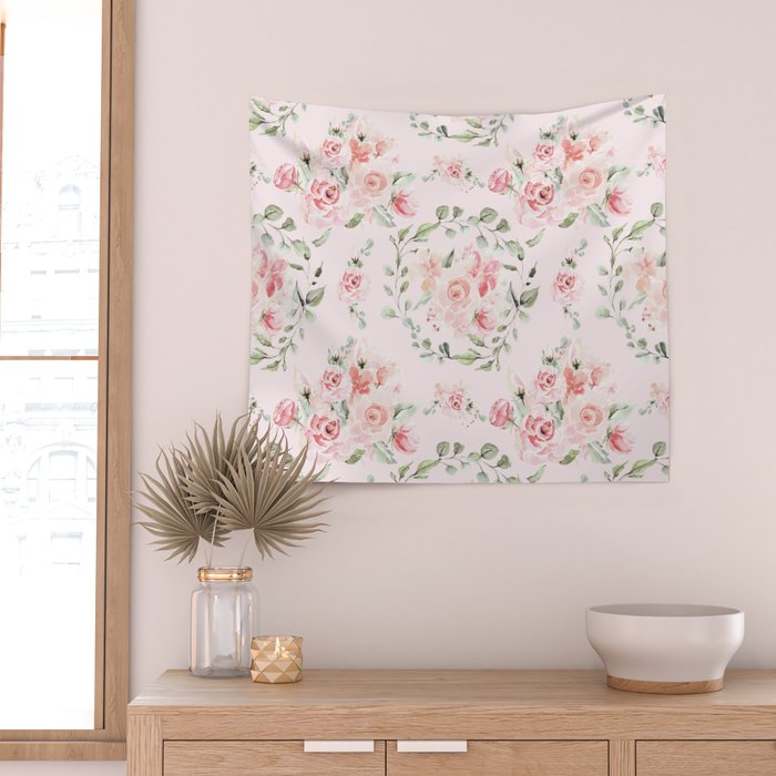 Rose Blush Watercolor Flower Pattern Wall Tapestry Gallery Image 2