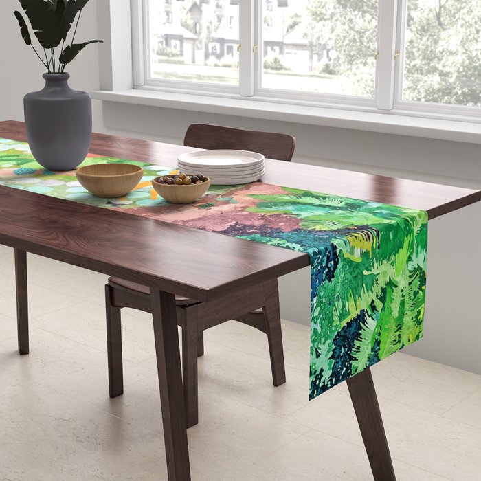 Tropical Vacay | Rainforest Jungle Botanical Lush Nature | Summer Lake People Swim | Boho Painting Table Runner Gallery Image 2