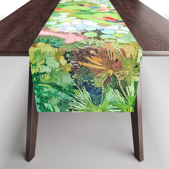 Tropical Vacay | Rainforest Jungle Botanical Lush Nature | Summer Lake People Swim | Boho Painting Table Runner Gallery Image 1