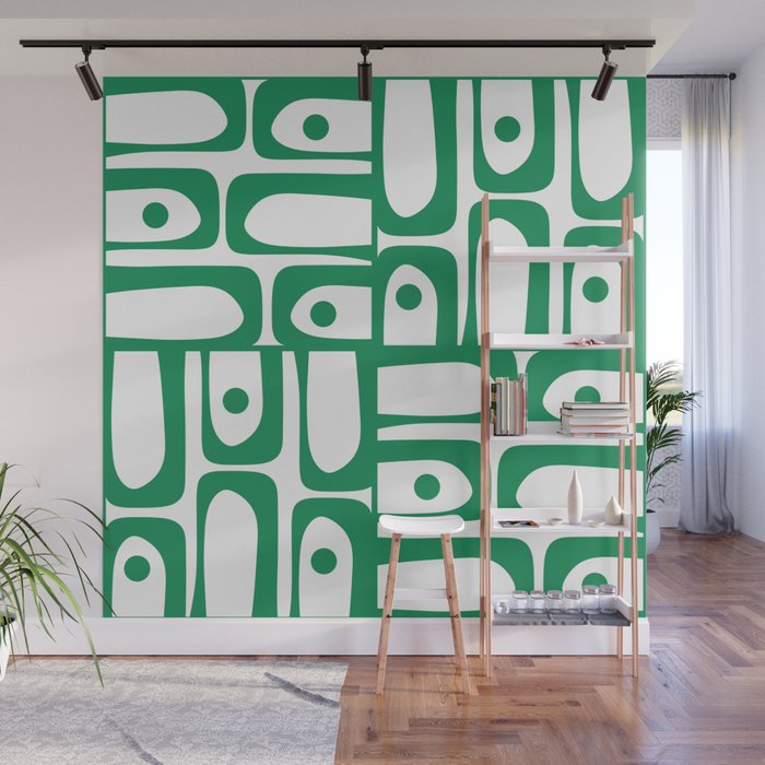 Mid Century Modern Kelly Green and White Piquet Abstract Multi Pattern Wall Mural Gallery Image 1