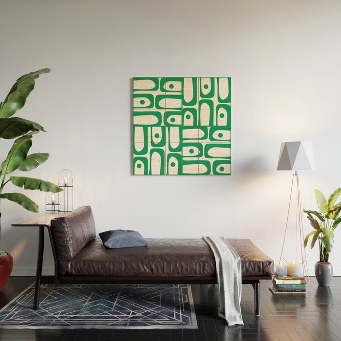 Mid Century Modern Kelly Green and White Piquet Abstract Multi Pattern Wood Wall Art Gallery Image 2